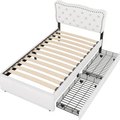 Lit avec rangement 90x200 cm simple capitonné avec 2 tiroirs et tête de lit ondulée cloutée - revêtement en lin beige clair