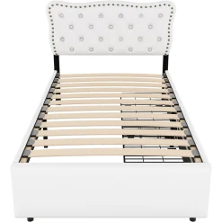 Lit avec rangement 90x200 cm simple capitonné avec 2 tiroirs et tête de lit ondulée cloutée - revêtement en lin beige clair