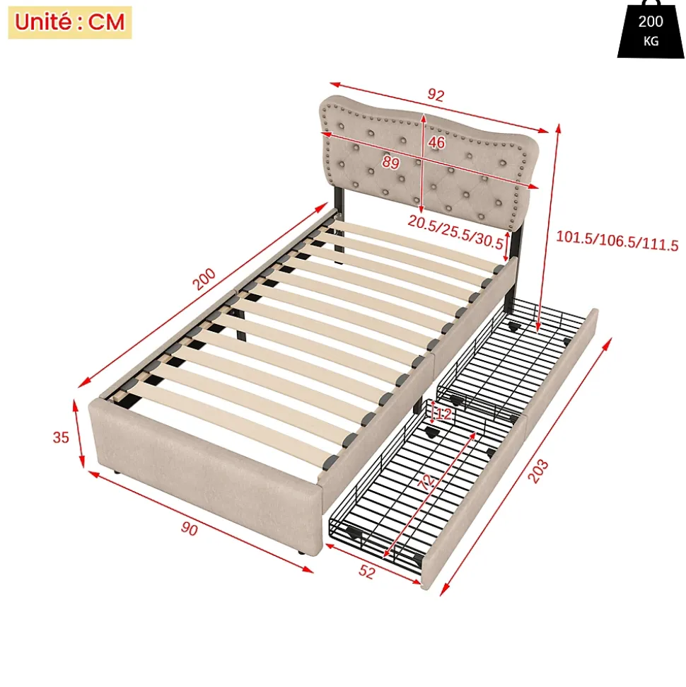 Lit avec rangement 90x200 cm simple capitonné avec 2 tiroirs et tête de lit courbée cloutée - revêtement en lin beige foncé