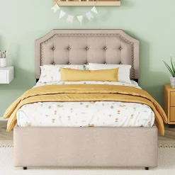 Lit avec rangement 90x200 cm simple capitonné avec 2 tiroirs et tête de lit courbée cloutée - revêtement en lin beige foncé