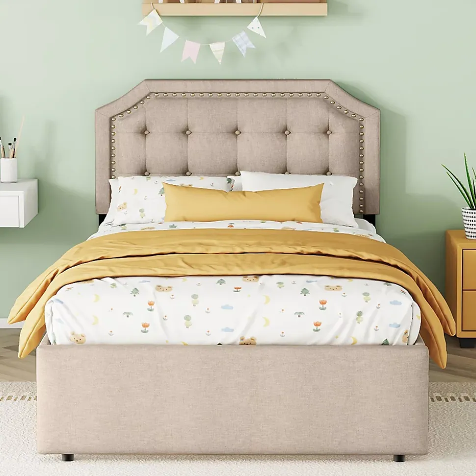 Lit avec rangement 90x200 cm simple capitonné avec 2 tiroirs et tête de lit courbée cloutée - revêtement en lin beige foncé