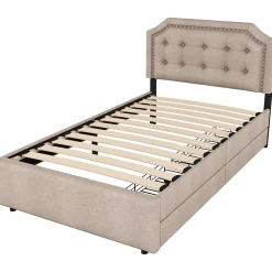 Lit avec rangement 90x200 cm simple capitonné avec 2 tiroirs et tête de lit courbée cloutée - revêtement en lin beige foncé