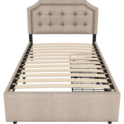 Lit avec rangement 90x200 cm simple capitonné avec 2 tiroirs et tête de lit courbée cloutée - revêtement en lin beige foncé