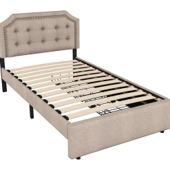 Lit avec rangement 90x200 cm simple capitonné avec 2 tiroirs et tête de lit courbée cloutée - revêtement en lin beige foncé