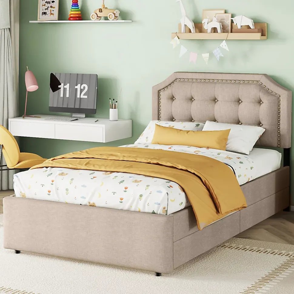 Lit avec rangement 90x200 cm simple capitonné avec 2 tiroirs et tête de lit courbée cloutée - revêtement en lin beige foncé