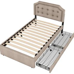 Lit avec rangement 90x200 cm simple capitonné avec 2 tiroirs et tête de lit courbée cloutée - revêtement en lin beige foncé