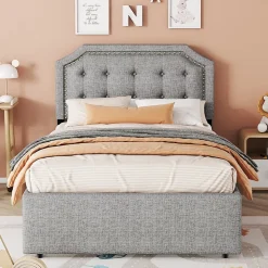 Lit avec rangement 90x200 cm simple capitonné avec 2 tiroirs et tête de lit courbée cloutée - revêtement en lin gris