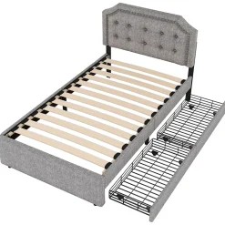 Lit avec rangement 90x200 cm simple capitonné avec 2 tiroirs et tête de lit courbée cloutée - revêtement en lin gris