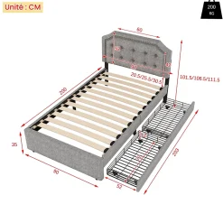 Lit avec rangement 90x200 cm simple capitonné avec 2 tiroirs et tête de lit courbée cloutée - revêtement en lin gris