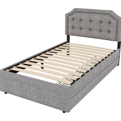 Lit avec rangement 90x200 cm simple capitonné avec 2 tiroirs et tête de lit courbée cloutée - revêtement en lin gris