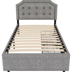 Lit avec rangement 90x200 cm simple capitonné avec 2 tiroirs et tête de lit courbée cloutée - revêtement en lin gris