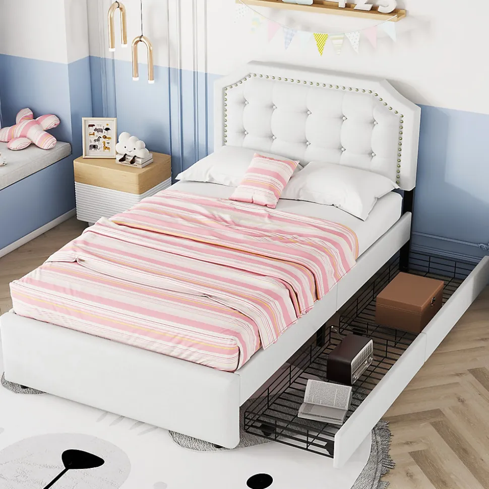 Lit avec rangement 90x200 cm simple capitonné avec 2 tiroirs et tête de lit courbée cloutée - revêtement en lin beige foncé