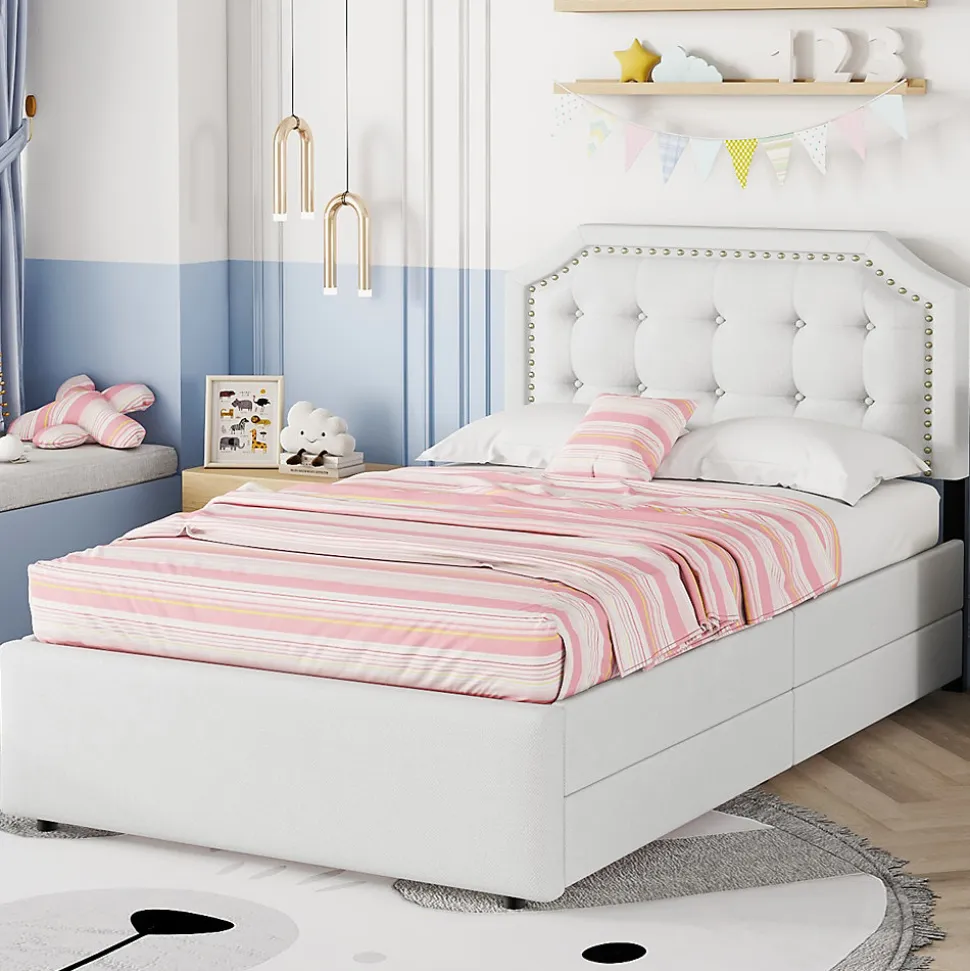 Lit avec rangement 90x200 cm simple capitonné avec 2 tiroirs et tête de lit courbée cloutée - revêtement en lin beige foncé