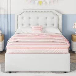 Lit avec rangement 90x200 cm simple capitonné avec 2 tiroirs et tête de lit courbée cloutée - revêtement en lin beige foncé