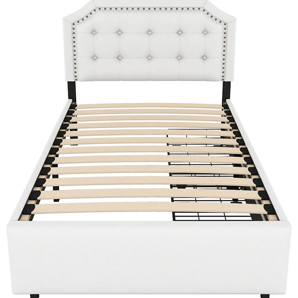 Lit avec rangement 90x200 cm simple capitonné avec 2 tiroirs et tête de lit courbée cloutée - revêtement en lin beige foncé