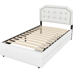 Lit avec rangement 90x200 cm simple capitonné avec 2 tiroirs et tête de lit courbée cloutée - revêtement en lin beige foncé