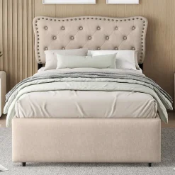 Lit avec rangement 90x200 cm simple capitonné avec 2 tiroirs et tête de lit ondulée cloutée - revêtement en lin beige foncé