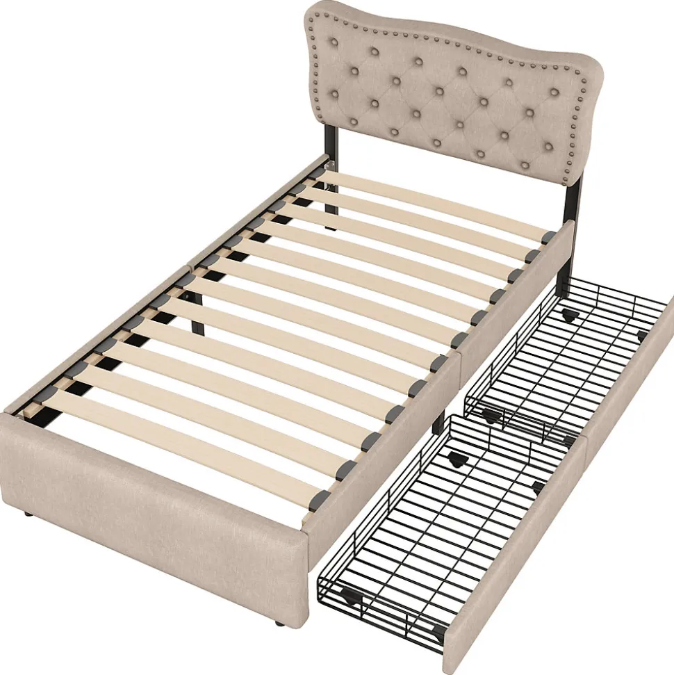 Lit avec rangement 90x200 cm simple capitonné avec 2 tiroirs et tête de lit ondulée cloutée - revêtement en lin beige foncé