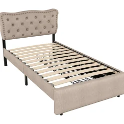 Lit avec rangement 90x200 cm simple capitonné avec 2 tiroirs et tête de lit ondulée cloutée - revêtement en lin beige foncé