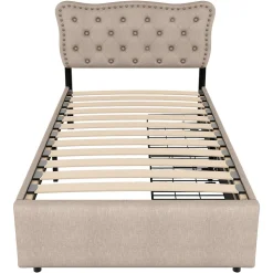 Lit avec rangement 90x200 cm simple capitonné avec 2 tiroirs et tête de lit ondulée cloutée - revêtement en lin beige foncé