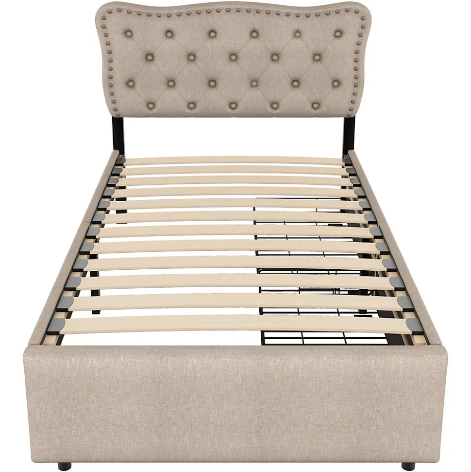 Lit avec rangement 90x200 cm simple capitonné avec 2 tiroirs et tête de lit ondulée cloutée - revêtement en lin beige foncé