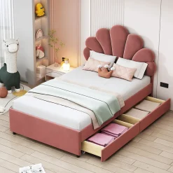 Lit avec rangement 90x200 cm simple enfant fille capitonné avec 2 ablagefächer et lattenrost, velours+bois rose, sans matelas