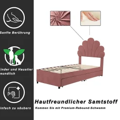 Lit avec rangement 90x200 cm simple enfant fille capitonné avec 2 ablagefächer et lattenrost, velours+bois rose, sans matelas