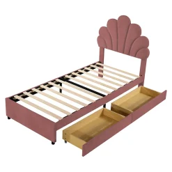 Lit avec rangement 90x200 cm simple enfant fille capitonné avec 2 ablagefächer et lattenrost, velours+bois rose, sans matelas