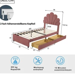 Lit avec rangement 90x200 cm simple enfant fille capitonné avec 2 ablagefächer et lattenrost, velours+bois rose, sans matelas