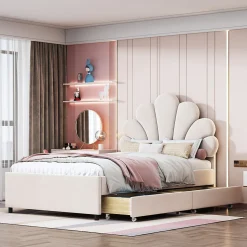 Lit avec rangement 90x200 cm simple enfant fille capitonné avec 2 ablagefächer et lattenrost, velours+bois beige, sans matelas
