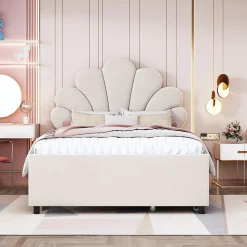 Lit avec rangement 90x200 cm simple enfant fille capitonné avec 2 ablagefächer et lattenrost, velours+bois beige, sans matelas