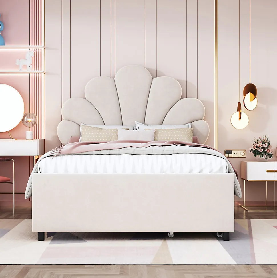 Lit avec rangement 90x200 cm simple enfant fille capitonné avec 2 ablagefächer et lattenrost, velours+bois beige, sans matelas