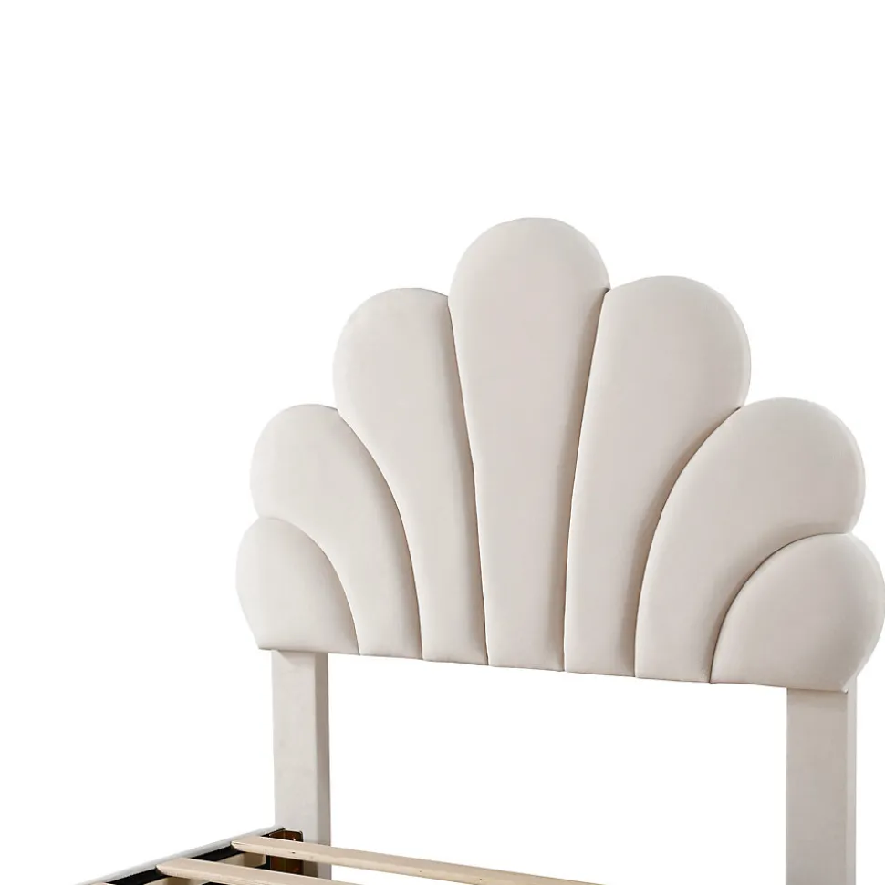 Lit avec rangement 90x200 cm simple enfant fille capitonné avec 2 ablagefächer et lattenrost, velours+bois beige, sans matelas