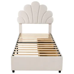 Lit avec rangement 90x200 cm simple enfant fille capitonné avec 2 ablagefächer et lattenrost, velours+bois beige, sans matelas