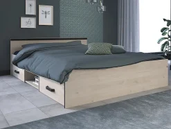 Lit avec rangements 140 x 190 cm - 2 tiroirs et 1 niche - Coloris : Naturel + Sommier - PABLO