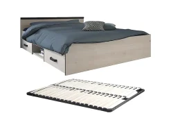 Lit avec rangements 140 x 190 cm - 2 tiroirs et 1 niche - Coloris : Naturel + Sommier - PABLO