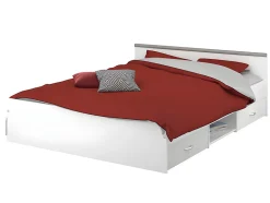 Lit avec rangements 140 x 190 cm - 2 tiroirs et 1 niche - Coloris : Blanc + Sommier - PABLO