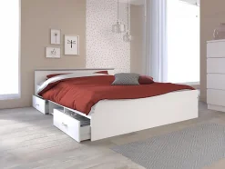 Lit avec rangements 140 x 190 cm - 2 tiroirs et 1 niche - Coloris : Blanc + Sommier - PABLO