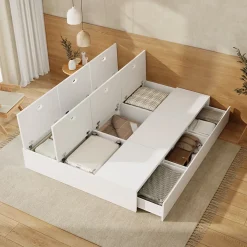Lit avec Rangements 140x200 cm - Lit Double avec Tiroirs, Espace sous le Lit - MDF - Blanc - Sans Matelas