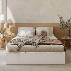 Lit avec Rangements 140x200 cm - Lit Double avec Tiroirs, Espace sous le Lit - MDF - Blanc - Sans Matelas