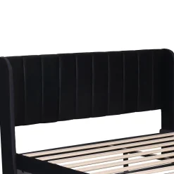 Lit avec Rangements 160x200, Lit Double Capitonné en Velours Noir avec 2 Tiroirs