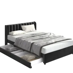 Lit avec Rangements 160x200, Lit Double Capitonné en Velours Noir avec 2 Tiroirs