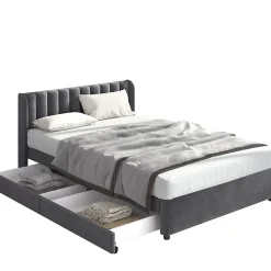 Lit avec Rangements 160x200, Lit Double Capitonné en Velours Gris avec 2 Tiroirs