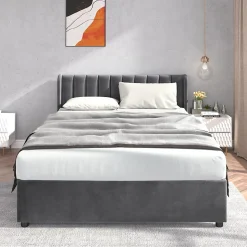 Lit avec Rangements 160x200, Lit Double Capitonné en Velours Gris avec 2 Tiroirs