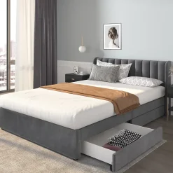 Lit avec Rangements 160x200, Lit Double Capitonné en Velours Gris avec 2 Tiroirs