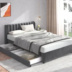 Lit avec Rangements 140x200, Lit Double Capitonné avec 2 Tiroirs, Velours Gris