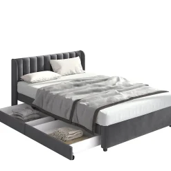 Lit avec Rangements 140x200, Lit Double Capitonné avec 2 Tiroirs, Velours Gris