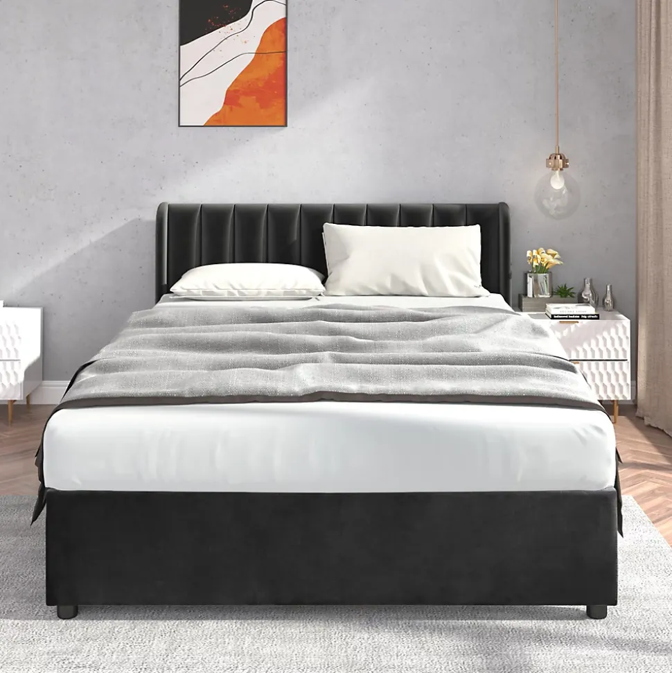 Lit avec Rangements 140x200, Lit Double Capitonné avec 2 Tiroirs, Velours Noir