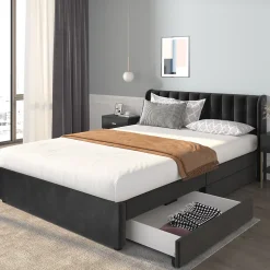 Lit avec Rangements 140x200, Lit Double Capitonné avec 2 Tiroirs, Velours Noir