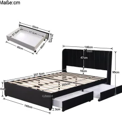 Lit avec Rangements 140x200, Lit Double Capitonné avec 2 Tiroirs, Velours Noir